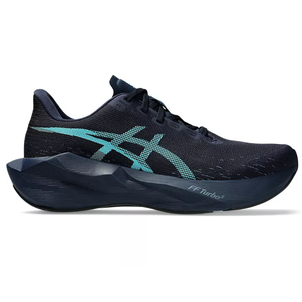 Side view on white background of Mens Asics Novablast running shoe in Midnight/Energy Aqua, Medium (Regular) width