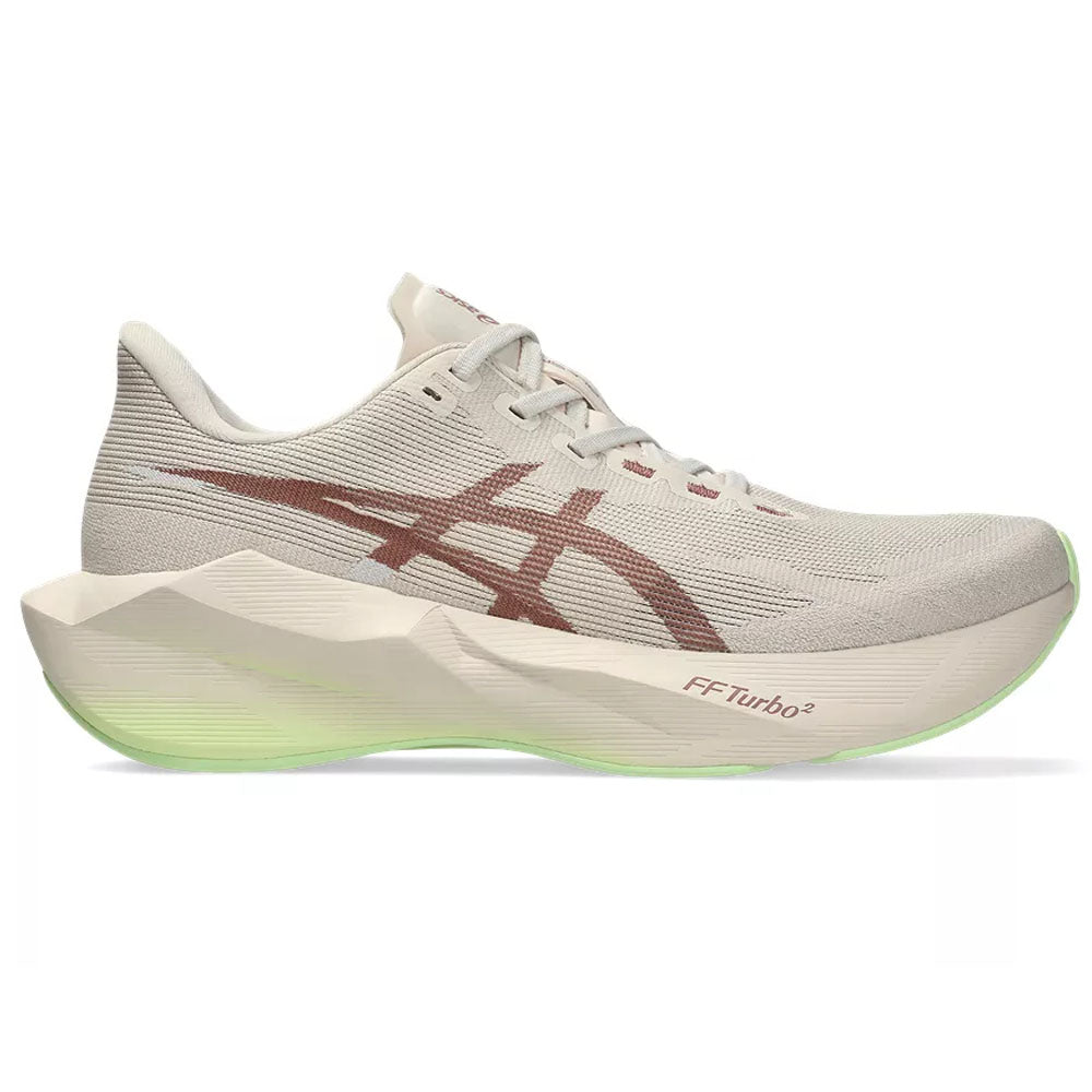 Side view on white background of Mens Asics Novablast running shoe in Rose Dust/Illuminate Yellow, Medium (Regular) width