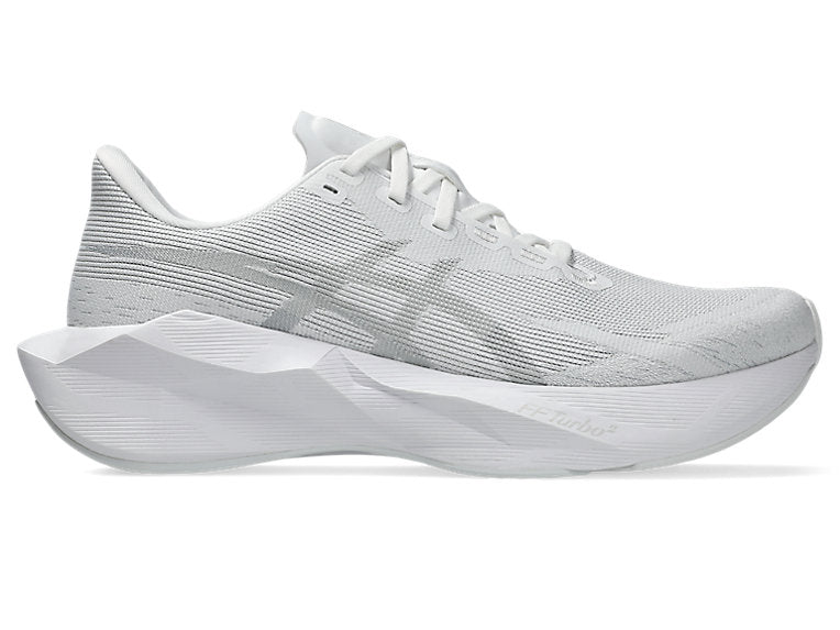 Side view on white background of Mens Asics Novablast 6 running shoe in White/White, Medium (Regular) width