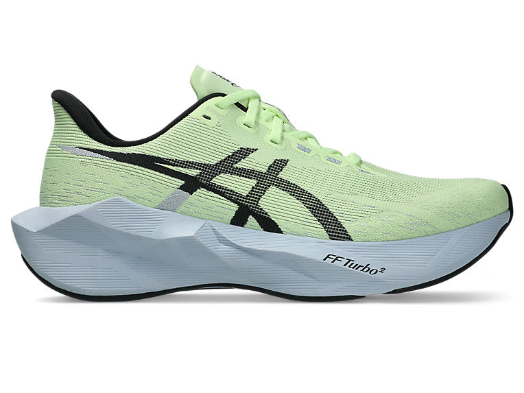 Side view on white background of Mens Asics Novablast 6 running shoe in Illuminate Yellow/Black, Medium (Regular) width