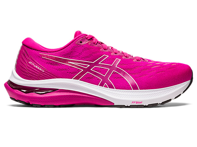 Side view on white background of Womens Asics GT-2000 11 running shoe in Pink Rave/Plum, Medium (Regular) width