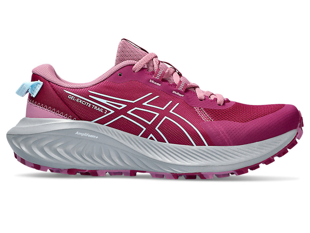 Side view on white background of Womens Asics Gel-Excite Trail 2 running shoe in Blackberry/Light Blue, Medium (Regular) width
