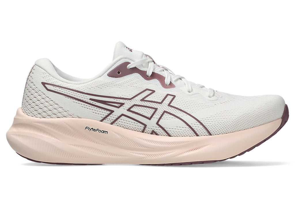 Side view on white background of Womens Asics Gel-Pulse 15 running shoe in White/Dusty Mauve, Medium (Regular) width
