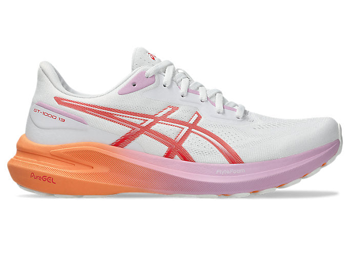 Side view on white background of Womens Asics GT-1000 13 running shoe in White/Coral Reef, Medium (Regular) width