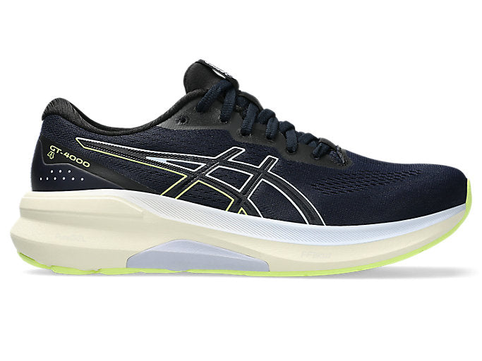 Side view on white background of Womens Asics GT-4000 4 running shoe in Midnight/Blue Fade, Wide width