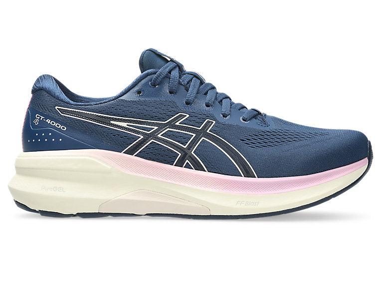 Side view on white background of Womens Asics Gt-4000 4 running shoe in Independence Blue/Hazy Lilac, Wide width