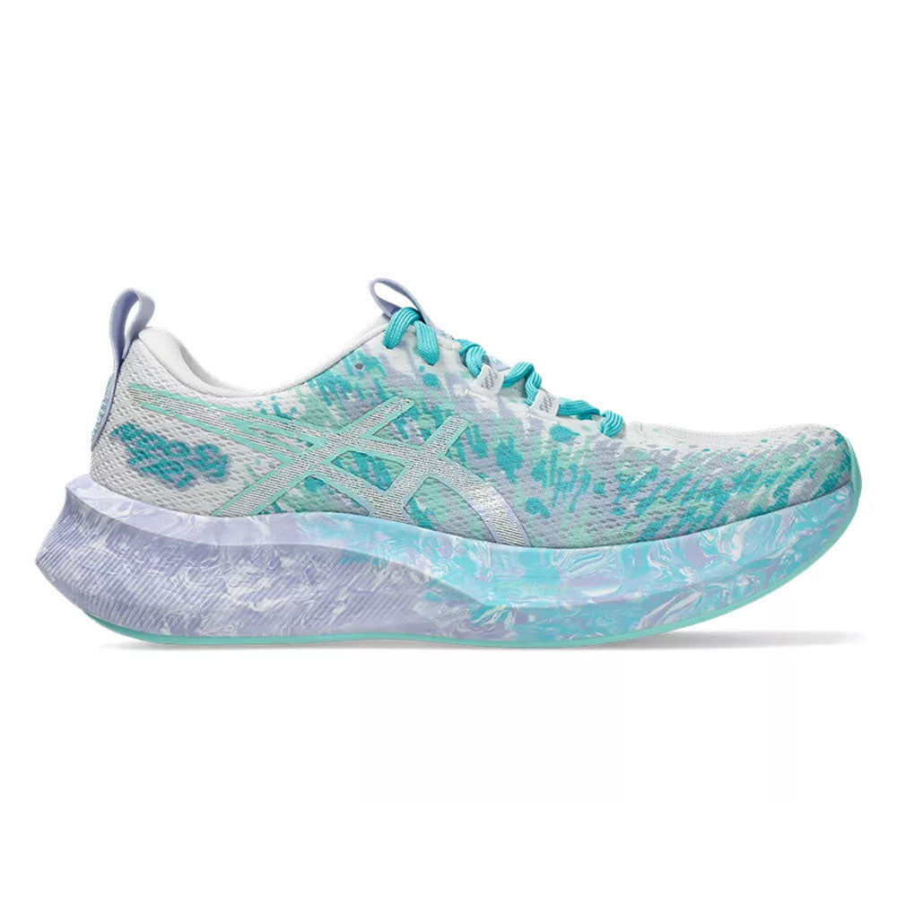 Side view on white background of Womens Asics Noosa Tri running shoe in White/Illuminate Mint, Medium (Regular) width