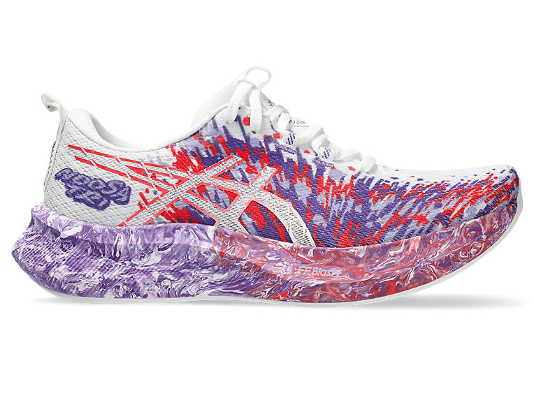 Side view on white background of Womens Asics Noosa Tri 16 running shoe in White/Edo Purple, Medium (Regular) width