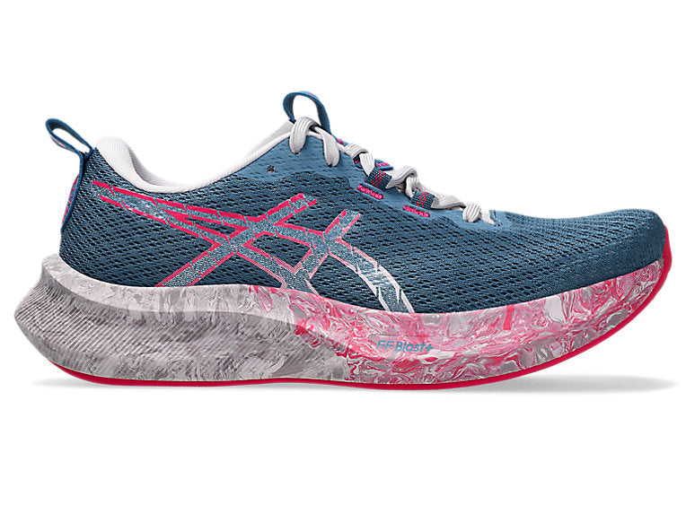 Side view on white background of Womens Asics Noosa Tri 16 running shoe in Winter Sea/Bright Rose, Medium (Regular) width