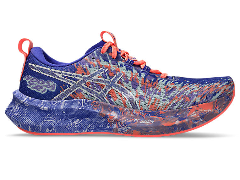 Side view on white background of Womens Asics Noosa Tri 16 running shoe in Cobalt Burst/Sky, Medium (Regular) width