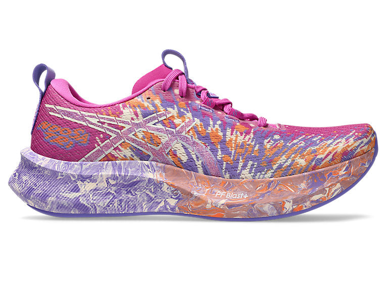 Side view on white background of Womens Asics Noosa Tri 16 running shoe in Digital Sakura/Amethyst, Medium (Regular) width