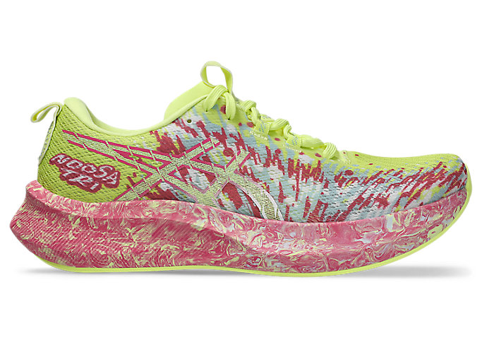 Side view on white background of Womens Asics Noosa Tri 16 running shoe in Lucid Yellow/Bright Rose, Medium (Regular) width