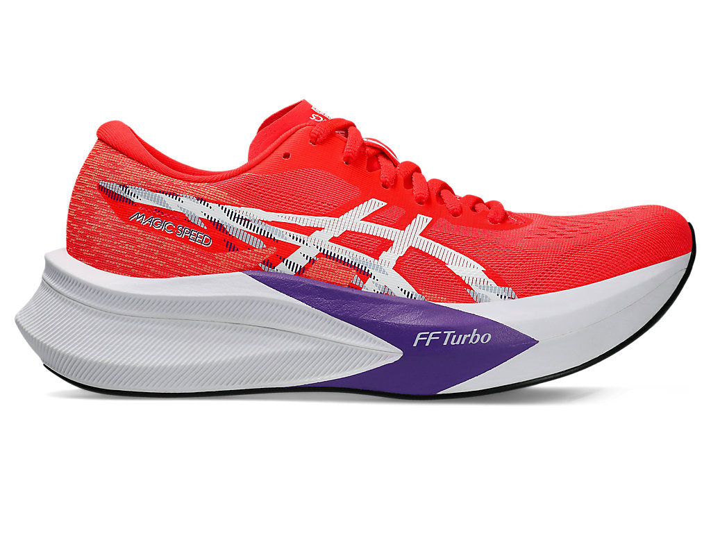 Side view on white background of Womens Asics Magic Speed 4 running shoe in Flash Red/White, Medium (Regular) width