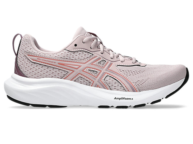 Side view on white background of Womens Asics Gel-Contend 9 running shoe in Watershed Rose/Desert Red, Medium (Regular) width