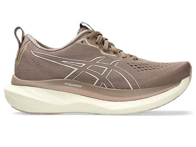 Side view on white background of Womens Asics Glideride Max running shoe in Taupe Grey/Birch, Medium (Regular) width