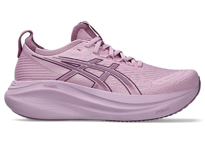 Side view on white background of Womens Asics Gel-Nimbus 27 running shoe in Light Ube/Dark Ube, Medium (Regular) width