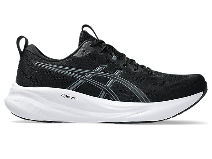 Side view on white background of Womens Asics Gel-Pulse 16 running shoe in Black/Metropolis, Medium (Regular) width