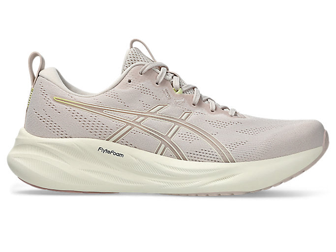 Side view on white background of Womens Asics Gel-Pulse 16 running shoe in Mineral Beige/Cream, Medium (Regular) width