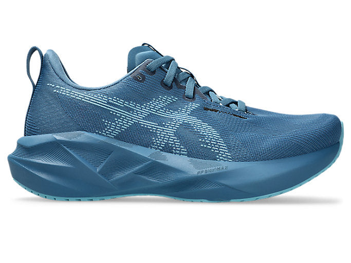 Side view on white background of Womens Asics Novablast 5 running shoe in Winter Sea/Stillwater, Medium (Regular) width