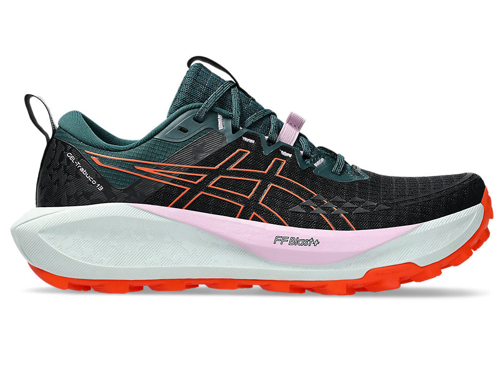 Side view on white background of Womens Asics Gel-Trabuco 13 running shoe in Black/Nova Orange, Medium (Regular) width