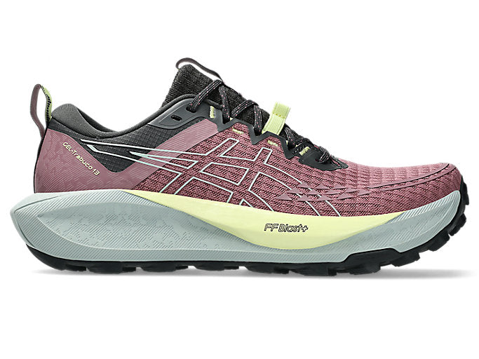 Side view on white background of Womens Asics Gel-Trabuco 13 running shoe in Purple Oxide/Cold Moss, Medium (Regular) width