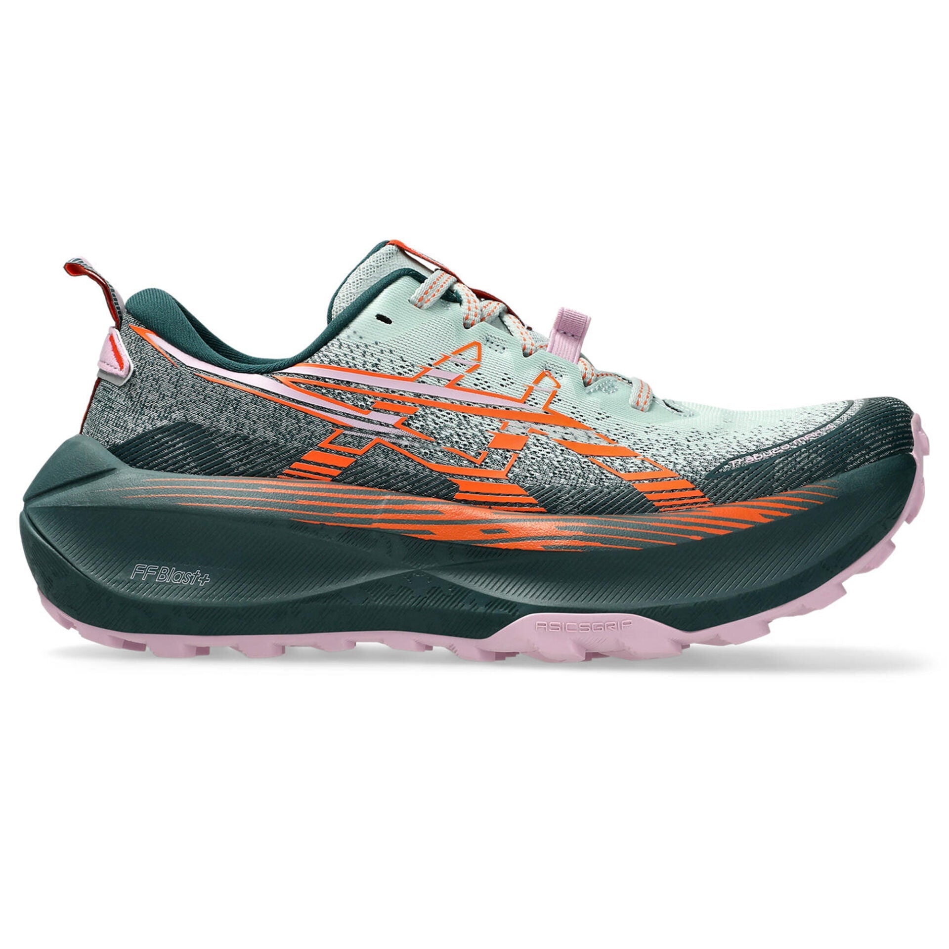 Side view on white background of Womens Asics Trabuco Max 4 running shoe in Cold Moss/Nova Orange, Medium (Regular) width
