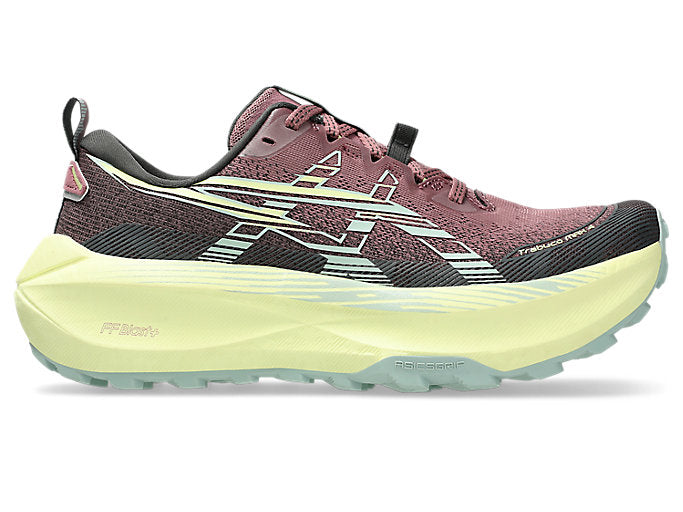 Side view on white background of Womens Asics Trabuco Max 4 running shoe in Purple Oxide/Cold Moss, Medium (Regular) width