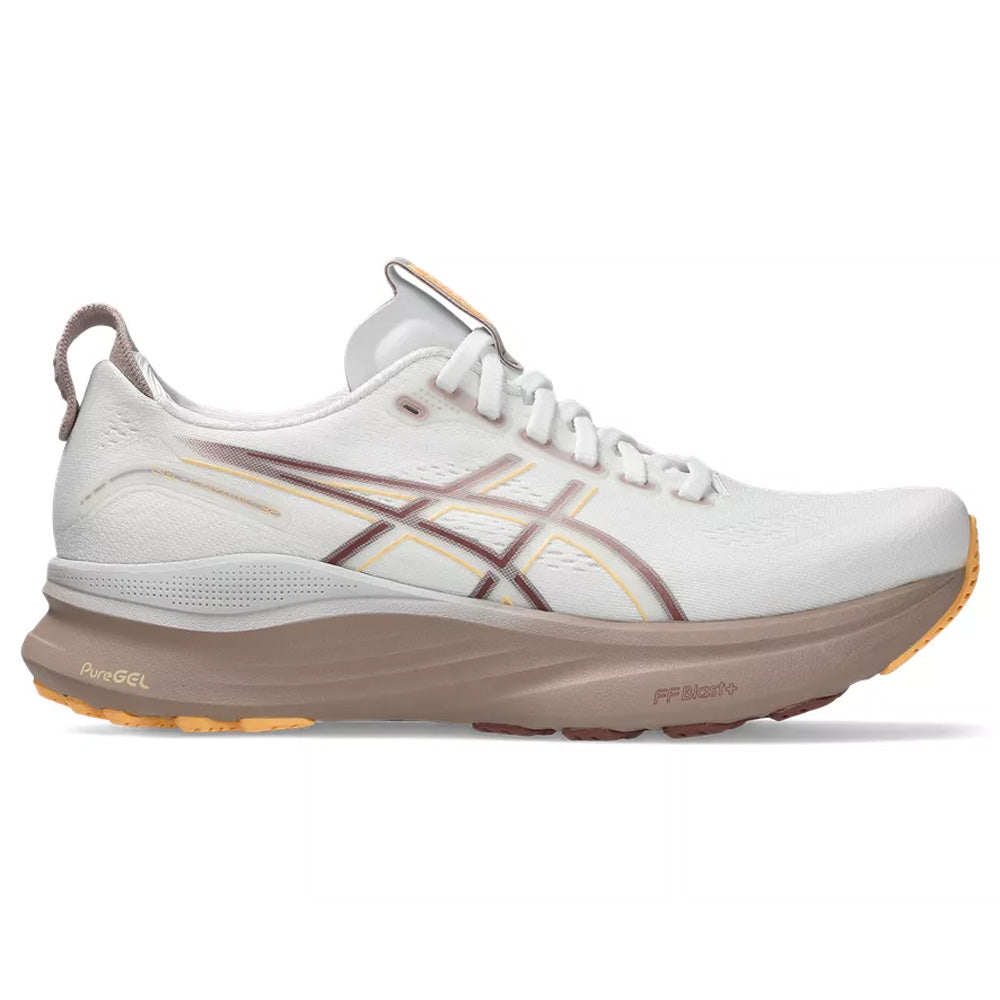 Side view on white background of Womens Asics Gel-Kayano running shoe in White/Orange Glow, Wide width