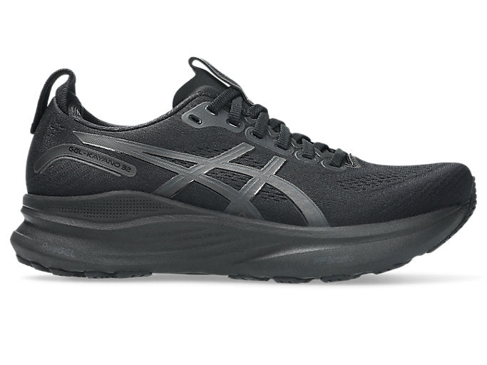 Side view on white background of Womens Asics Gel-Kayano 32 running shoe in Black/Graphite Grey, Medium (Regular) width