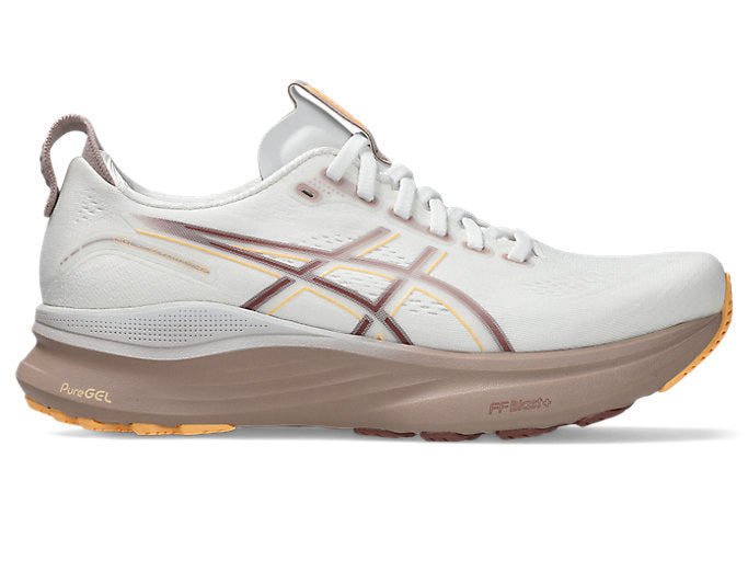 Side view on white background of Mens Asics Gel-Kayano 32 running shoe in White/Orange Glow, Medium (Regular) width
