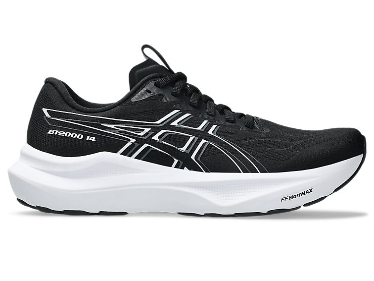 Side view on white background of Womens Asics GT-2000 14 running shoe in White/Black, Medium (Regular) width