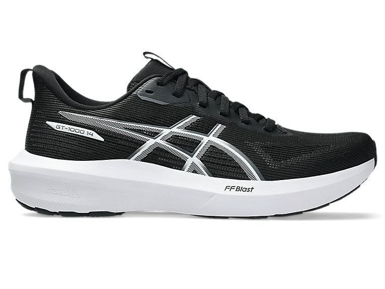 Side view on white background of Mens Asics GT-1000 14 running shoe in Black/White, Medium (Regular) width