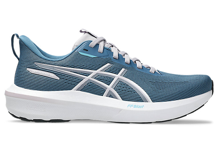 Side view on white background of Womens Asics GT-1000 14 running shoe in Winter Sea/White, Medium (Regular) width
