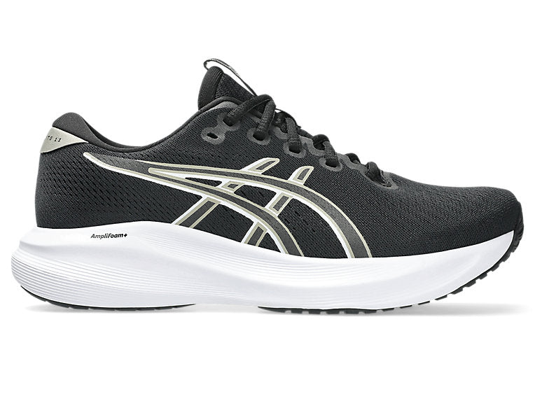 Side view on white background of Womens Asics Gel-Excite 11 running shoe in Black/Meteor, Medium (Regular) width