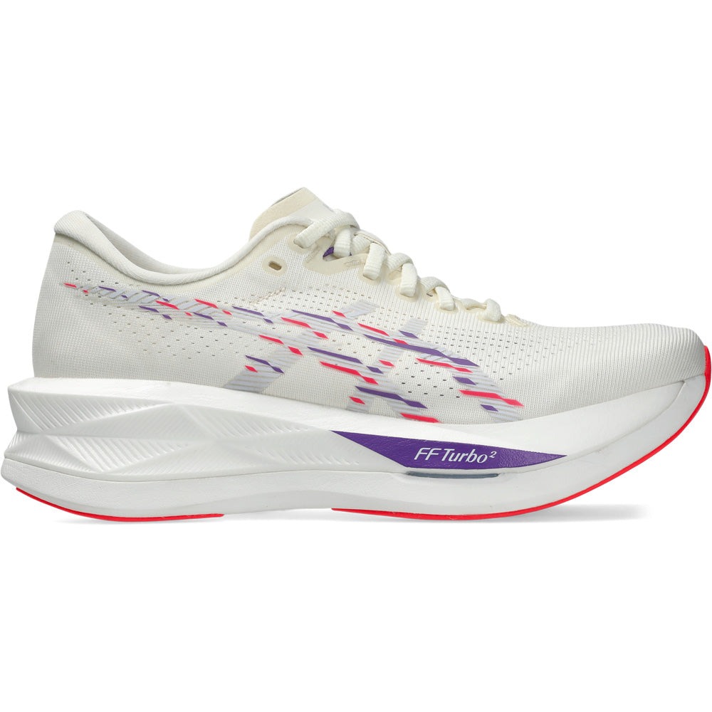 Side view on white background of Womens Asics Sonicblast running shoe in Cream/Blue Fade, Medium (Regular) width