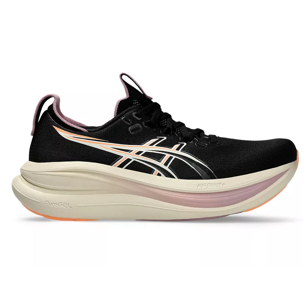 Side view on white background of Womens Asics Gel-Nimbus running shoe in Black/Taro Purple, Medium (Regular) width