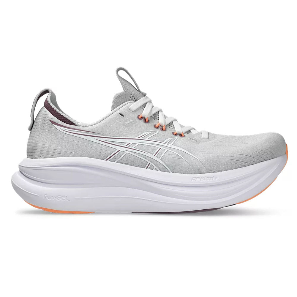 Side view on white background of Womens Asics Gel-Nimbus running shoe in Cloud Grey/Dusty Mauve, Medium (Regular) width