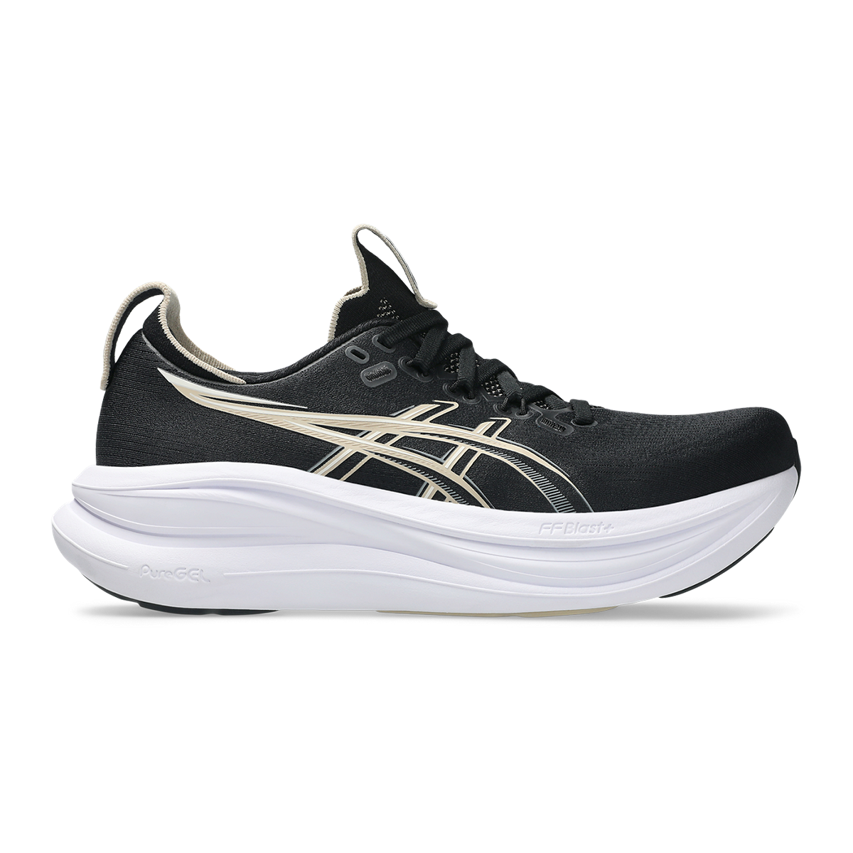 Side view on white background of Womens Asics Gel-Nimbus 28 running shoe in Black/Feather Grey, Wide width