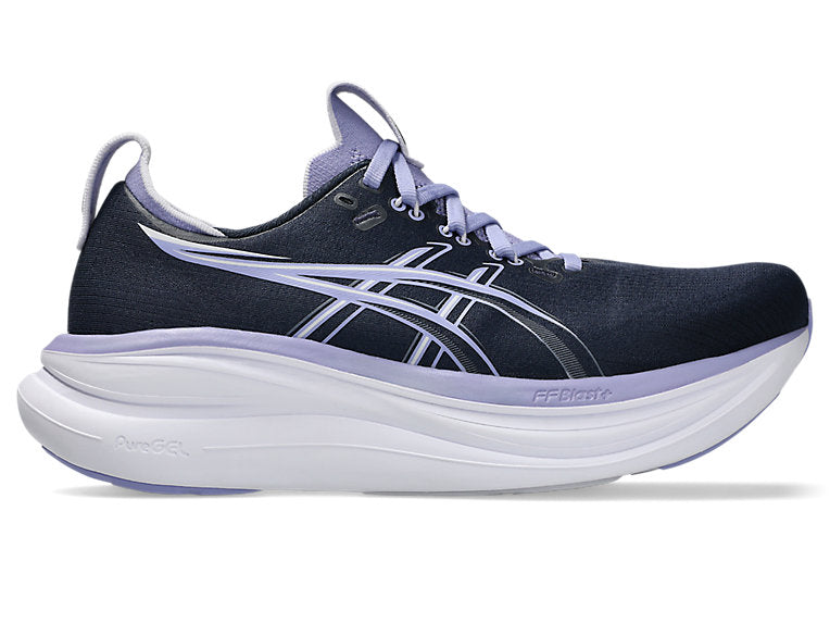 Side view on white background of Womens Asics Gel-Nimbus 28 running shoe in Midnight/Bluebell, Medium (Regular) width