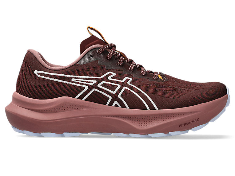 Side view on white background of Womens Asics GT-2000 14 running shoe in Nature Bathing/Dark Red Planet, Medium (Regular) width