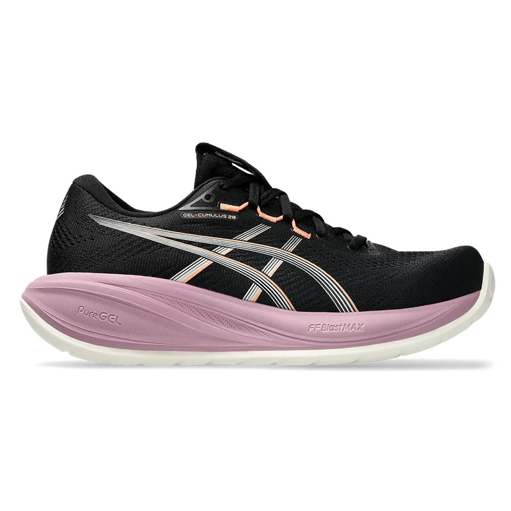 Side view on white background of Womens Asics Gel-Cumulus running shoe in Black/Taro Purple, Medium (Regular) width
