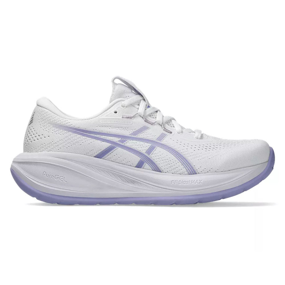 Side view on white background of Womens Asics Gel-Cumulus running shoe in White/Bluebell, Medium (Regular) width