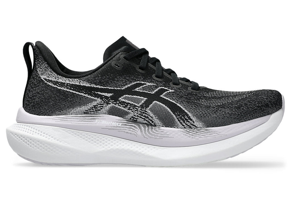 Side view on white background of Womens Asics Glideride Max 2 running shoe in Black/LilacHint, Medium (Regular) width