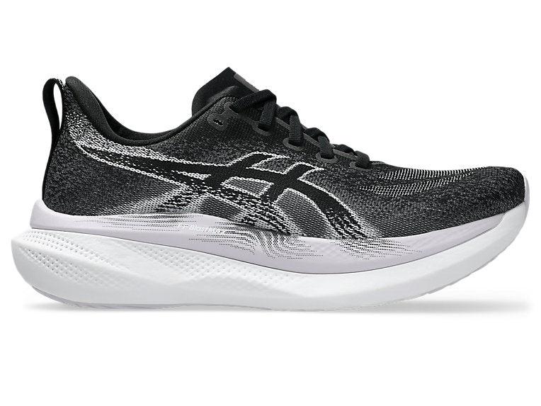 Side view on white background of Womens Asics Glideride Max 2 running shoe in Black/Lilac Hint, Wide width