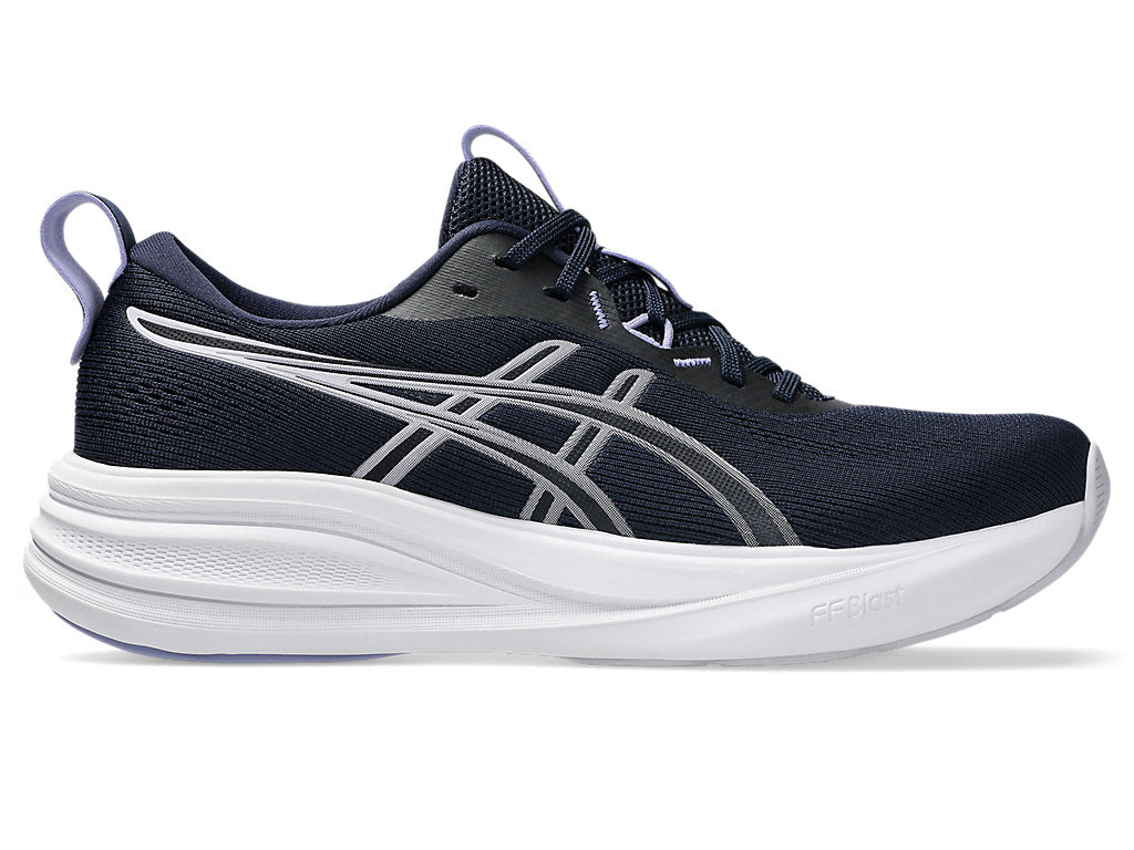 Side view on white background of Womens Asics Gel-Pulse 17 running shoe in Midnight/Lilac Hint, Medium (Regular) width
