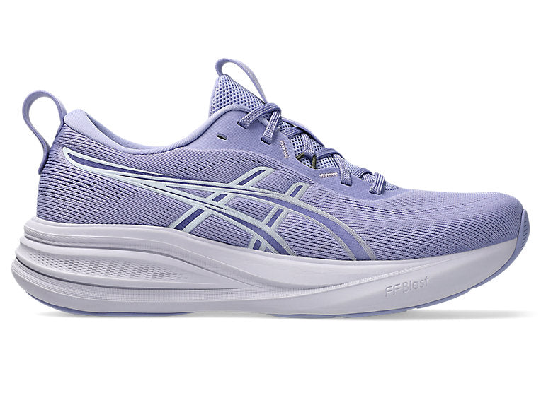 Side view on white background of Womens Asics Gel-Pulse 17 running shoe in Bluebell/White, Medium (Regular) width