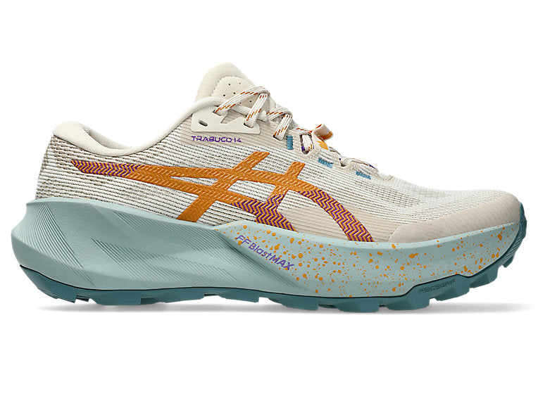 Side view on white background of Womens Asics Trabuco 14 running shoe in Oatmeal/Sandstorm, Medium (Regular) width