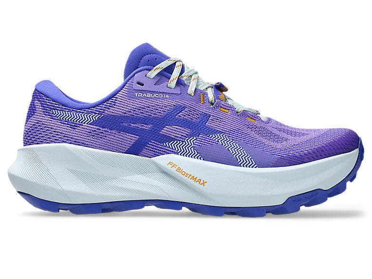 Side view on white background of Womens Asics Trabuco 14 running shoe in Amethyst/Cobalt Burst, Medium (Regular) width