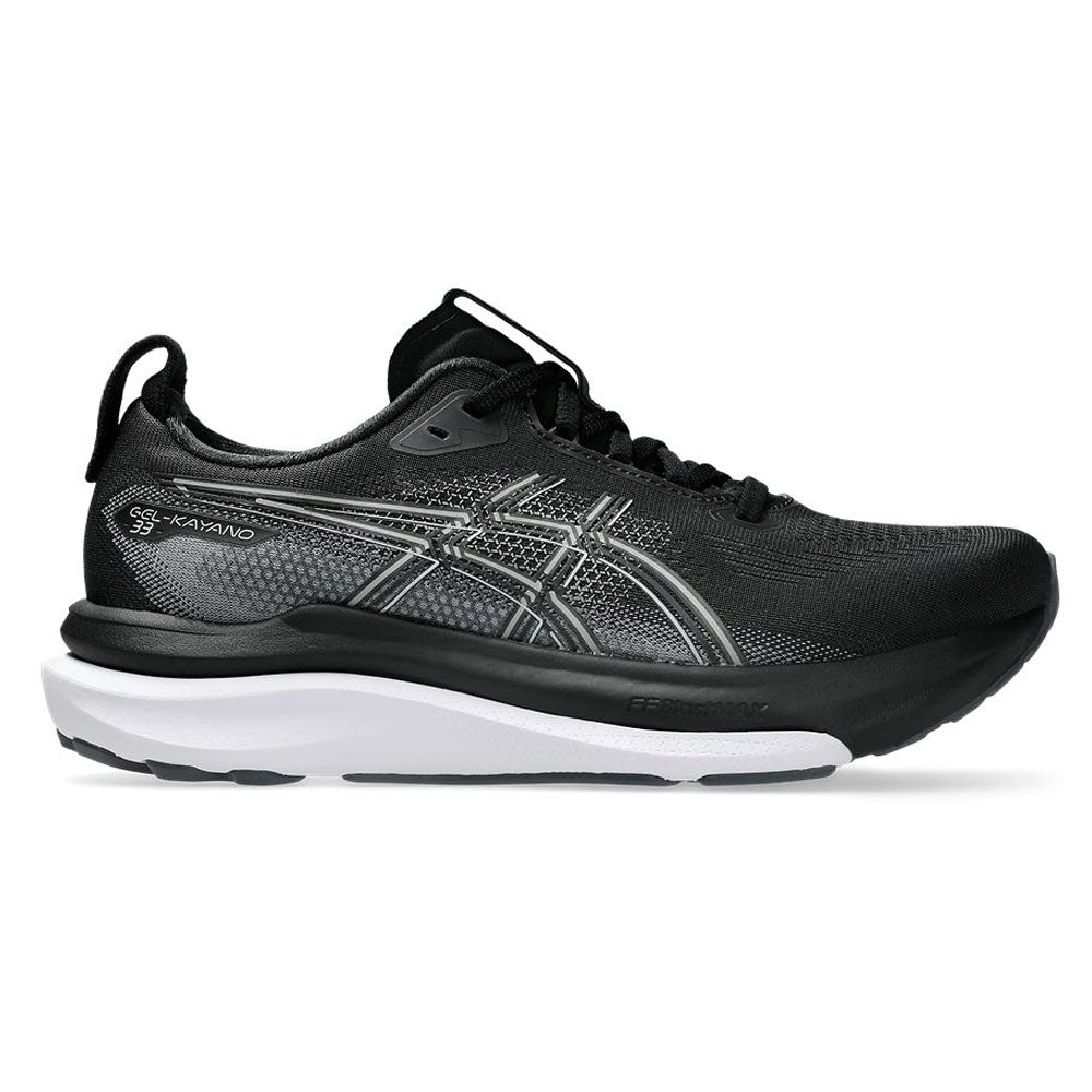 Side view on white background of Womens Asics Gel-Kayano running shoe in Black/White, Medium (Regular) width