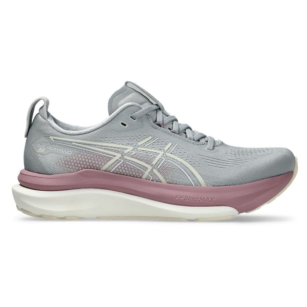 Side view on white background of Womens Asics Gel-Kayano running shoe in Piedmont Grey/Taro Purple, Medium (Regular) width